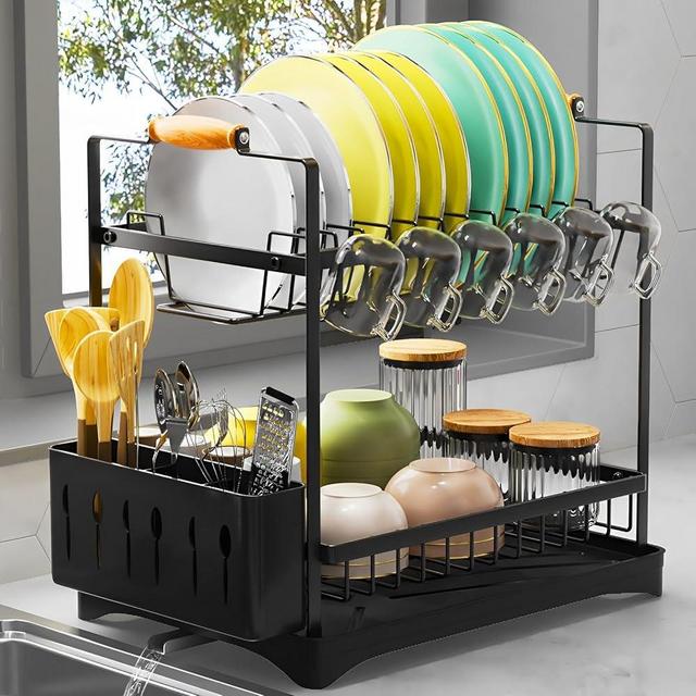 PXYHMUS 2-Tier Large Dish Drying Rack for Kitchen Counter with Drainboard and Cutlery Holder,Black,16.54" D x 11.81" W x 17.71" H