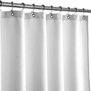 BAROSSA design XLong Fabric Shower Curtain with 96 inch Height, Waffle Weave, Hotel Luxury Spa, 230 GSM Heavyweight, Water Repellent, Machine Washable, White Pique Pattern Decorative Bathroom Curtain