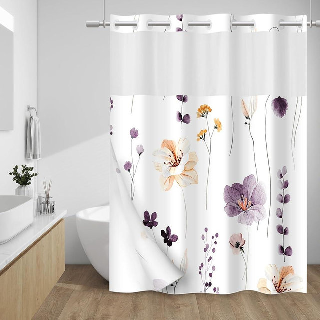 WITHLOC No Hook Shower Curtain with Snap in Liner - Floral Shower Curtain - Fabric Waterproof Inner Liner, Plants Watercolor Plum Flower Modern Shower Curtains - Machine Washable, 71 x 74