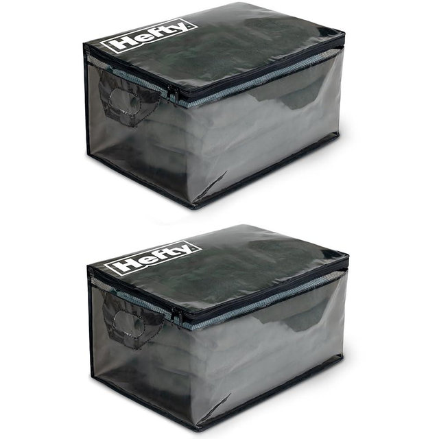 Hefty Large Flexible Tote with Breathable Mesh, Double Zipper, 2 Handles – Ideal for Moving or Clothes & Apparel Storage, Alternative to Plastic Bin, Organizer or Container – 2 Pack