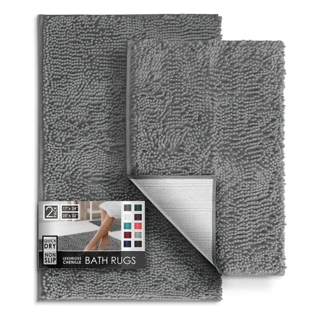 Hearth & Harbor Bathroom Rugs, 2 Piece Chenille Bath Mat Set - Medium Gray Bath Rug, 17x24-20x32