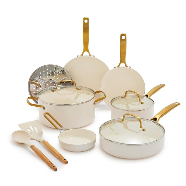 Blue Diamond 12 Piece Nonstick Cookware Set, Diamond Ceramic Pots & Pans, Dishwasher & Metal Utensil Safe, Non Toxic PFAS-Free, Kitchen Cooking Sauce & Saute Pans, Oven & Broiler to 600F, White