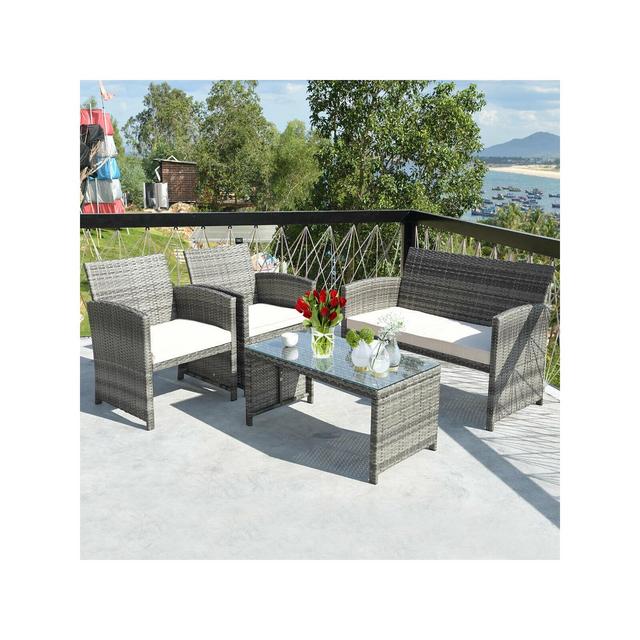 Costway 4PCS Rattan Patio Furniture Set Garden Lawn Sofa Cushioned Seat Mix Gray Wicker