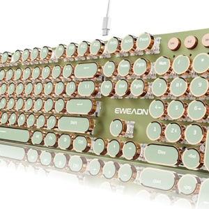 SEUNKWANG EWEADN Typewriter Style Mechanical Keyboard, Wired Typewriter Keyboards,104 Keys Backlit LED Metal Keyboards, Media Control Knob, Wired Computer Keyboard Pink Switch for Windows/PC-Green