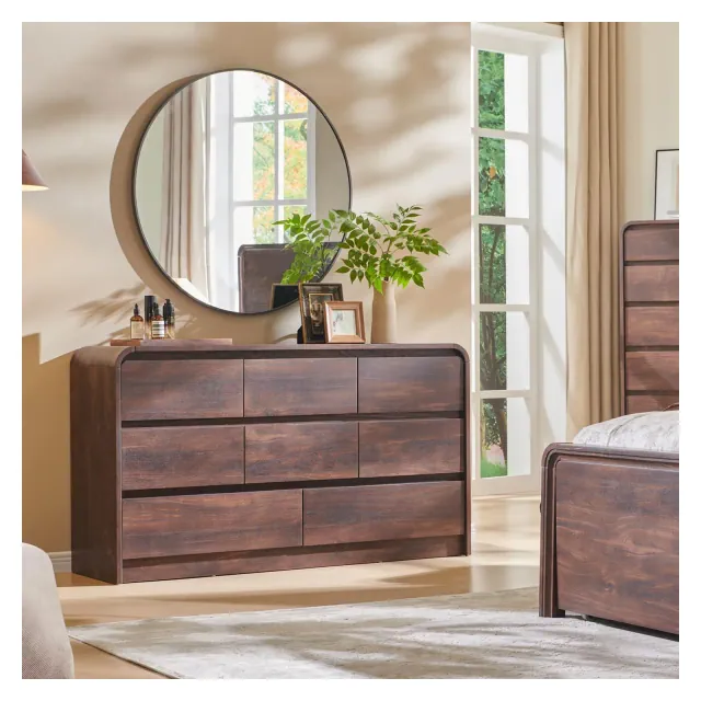 SinCiDo Modern 8 Drawer Dresser, Curved Profile Design, 55" Wide Mid Century Wood Storage Organizer for Bedroom, Living Room, Brown