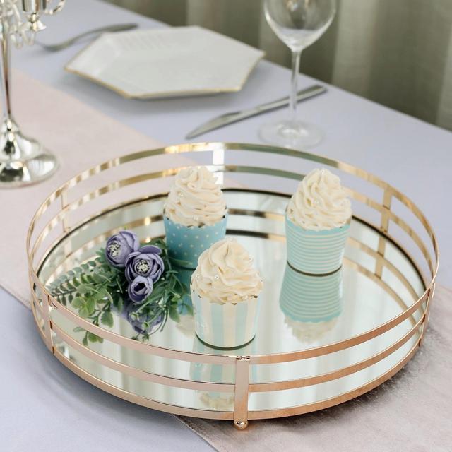 Efavormart Set of 2 Gold Metal Decorative Serving Trays Round Mirror Trays - 13.5" / 9.5"