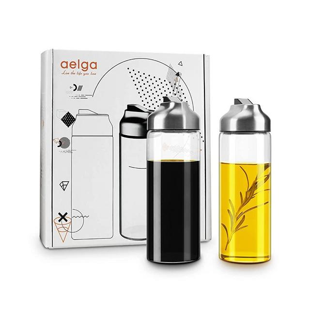 Olive Oil Dispenser Bottle - 14 OZ Glass Oil and Vinegar Dispenser Set-Oil Dispenser Bottle for Kitchen with Stainless Steel Spout-Set of 2 By Aelga