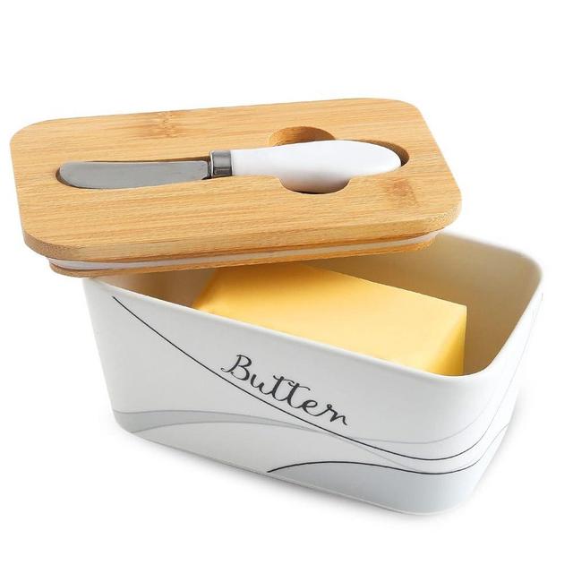 Hasense Porcelain Butter Dish with Lid for Countertop, Large Ceramic Butter Dish with Knife, Airtight Butter Keeper Container with Cover Perfect for East West Coast Butter, Simple Lines