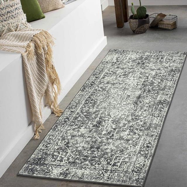 Morebes Vintage Runners for Hallways, 2x4.3 Kitchen Rugs Washable Small Throw Rugs Non Slip Bath Front Door Mat, Medallion Area Rug Black Rug for Bedroom Kitchen, Gray/Black