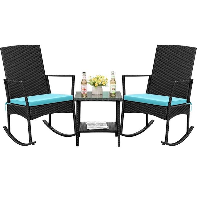 Flamaker Rocking Chair Outdoor PE Rattan Patio Chairs with Glass Table High Back Porch Rocker for Balcony, Garden, Backyard (Blue)