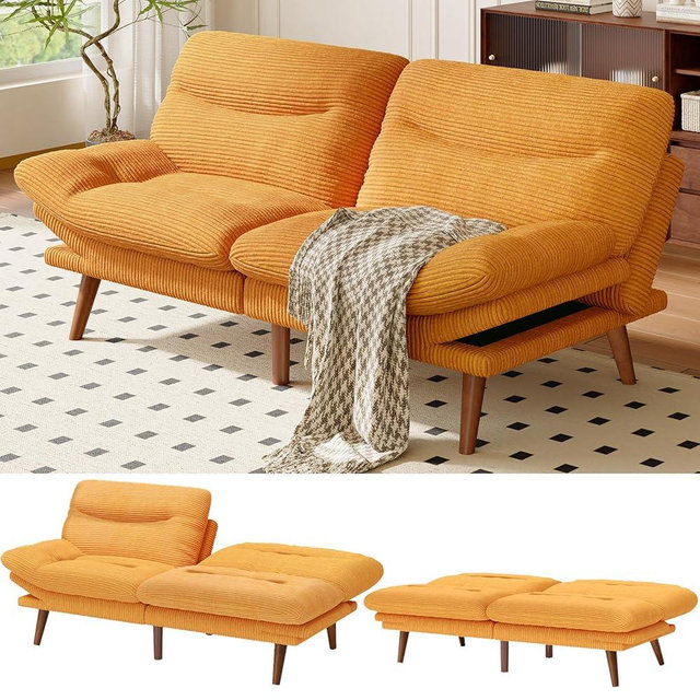 Amada 66" Convertible Futon Sofa Bed, Corduroy Folding Futon Set with Adjustable Backrest &Armrests, Recliner Lounge for Living Room, Apartment or Office, Solid Wood Frame, Loveseat Sofa - Orange | Corduroy