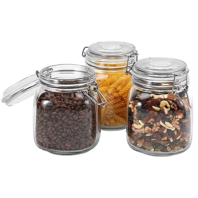 Focus Line Glass Jars with Airtight Lids, Set of 3 Food Storage Canisters Square, Storage Containers with Leak Proof Rubber Gasket, for Kitchen Canning Cereal Pasta Sugar Spice(34/34/34oz)