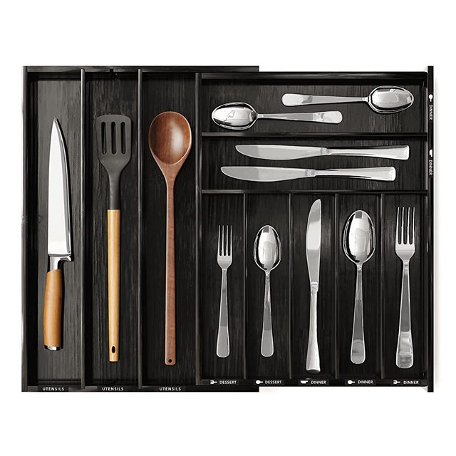 SpaceAid Bamboo Silverware Drawer Organizer with Labels, Kitchen Utensil Expandable Tray Holder Organizer for Flatware, Cutlery, Spoon and Knives Drawer Storage Organization (Black, 10 Slots)