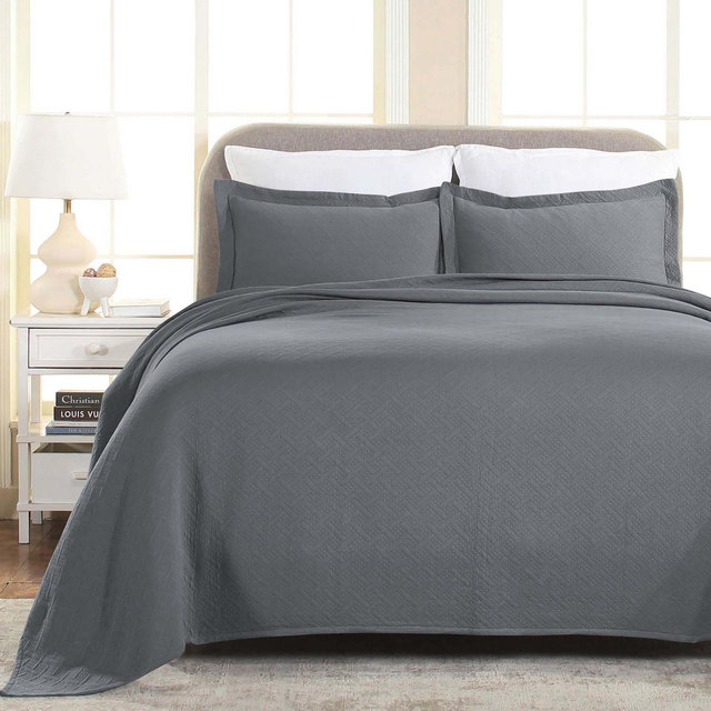 Basketweave Cotton Matelasse Decorative Bedspread and Pillow Sham Set, King, Silver - Blue Nile Mills