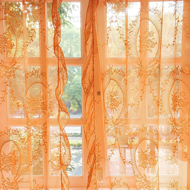 Sutuo Home Burnt Orange Lace Curtains 84 Inches Long for Bedroom Living Room 2 Panels Set, Boho Sheer Floral Embroidery Ruffled Vintage Window Treatment Fall Halloween Decor, Rod Pocket, W57 x L84