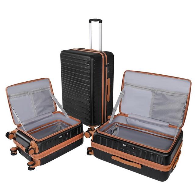 WireHot 3-Piece 20/24 Top Opening Hardshell Lightweight Luggage and 28-Inch Clamshell Opening Suitcase with Spinner Wheels & TSA Locks, Black Brown, 20in/24in/28in