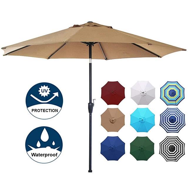 Blissun 9' Outdoor Aluminum Patio Umbrella, Striped Patio Umbrella, Market Striped Umbrella with Push Button Tilt and Crank (Tan)