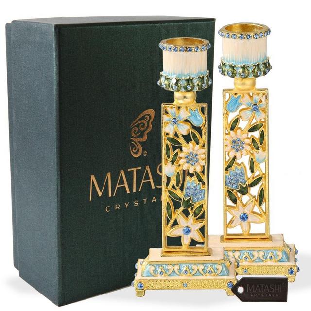 Hand-Painted Blue Flower Shabbat Candlestick (2-Piece Set)