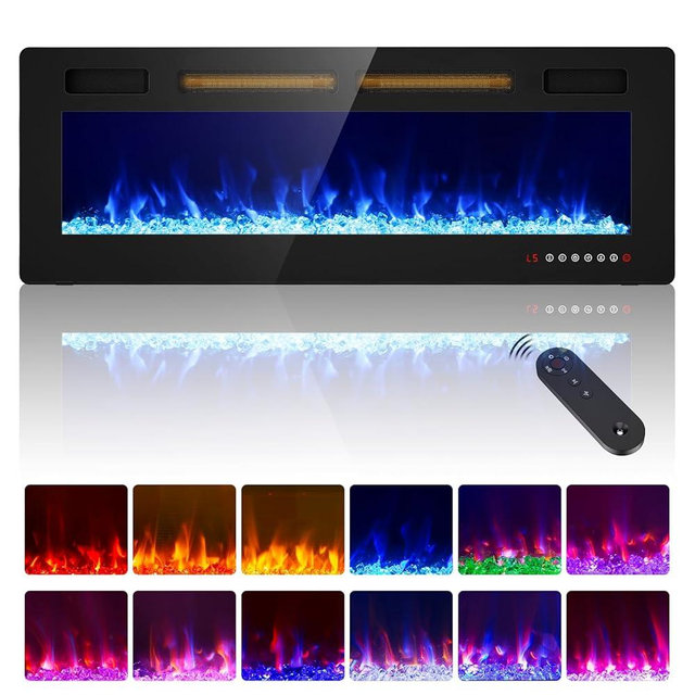 Kucreiheat Electric Fireplace-60 inch Fireplace Wall Mount/Recessed/Free Standing-Ultra Thin Wall Fireplace Electric with Remote Control, Timer, Double Heat Vent, 750w/1500w