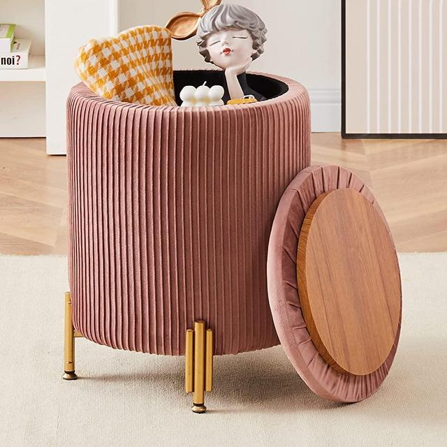 Mxfurhawa Round Ottoman Foot Stool with Storage and Metal Legs for Living Room Bedroom, Velvet Upholstered Footrest Stool Support 300lbs Modern Coffee Table Ottoman Padded Seat Furniture Decoration