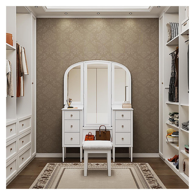 Makeup Vanity Desk with Triple Mirror, Vanity Table Dressing Table Set with Padded Stool & 6 Drawers, White - ModernLuxe
