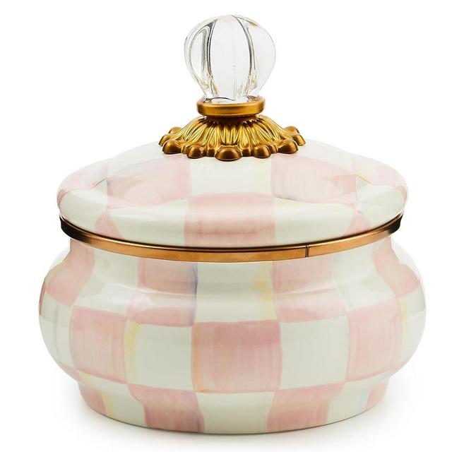 MACKENZIE-CHILDS Enamel Squashed Pot, Cute Enameled Container with Lid, 20 Ounces, Pink-and-White Rosy Check