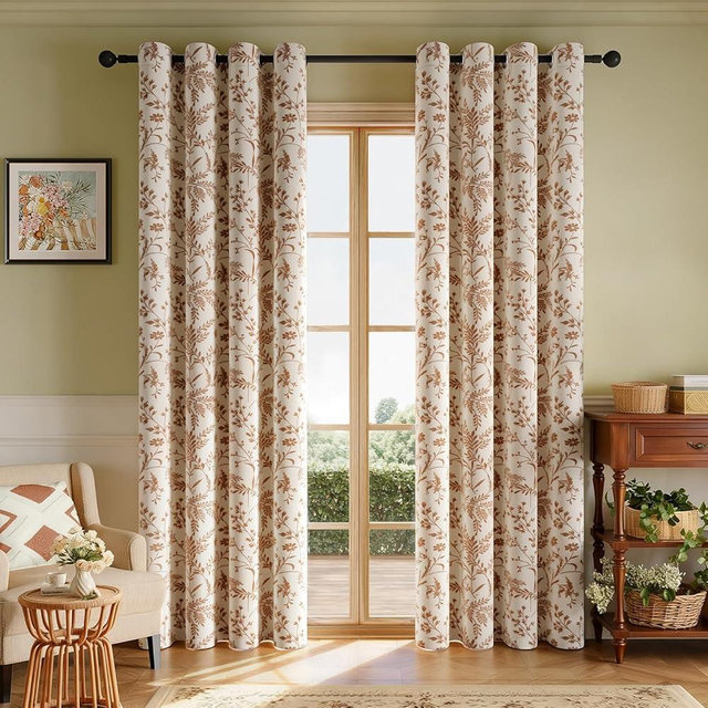 Rinwoc Vintage Leaf and Floral Print Blackout Curtains Set of 2 Panels 84 Inch Boho, Grommet Top Linen Textured Drapes for Bedroom Living Room Thermal Room Darkening Orange (W52xL84)