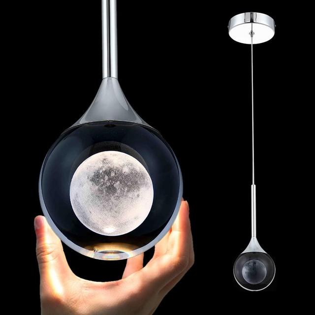 Sedelan Crystal Pendant Light, Modern Moon Pendant Hanging Light Fixtures, 5W 1 Light Mini Pendant Lighting for Kitchen Island Bedroom Living Room Dining Room Bathroom Bar, Chrome