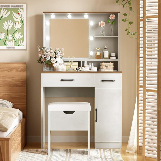 Hevaotry 31.5" Makeup Vanity Desk with Mirror and Lights, 3 Lighting Modes, Vanity Set with Stool, Dressing Table with Adjustable Shelves,2 Drawers and Side Cabinet for Bedroom(White)