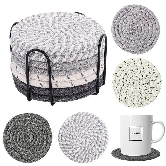 8 Pcs Boho Drink Coasters with Holder, 4 Styles Handmade Braided Absorbent Coasters, Heat-resistant Woven Coasters for Kinds of Cups Table Home Decor (4.3in)