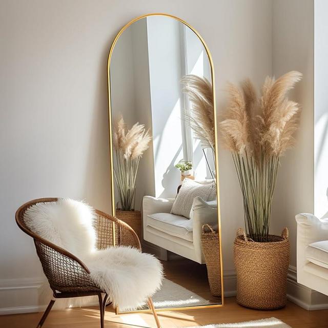 JAWGLOW Full Length Mirror, 64 "x 21" Arched Floor Mirror with Stand, Wall Mounted Mirror, Full Body Standing Mirror with Aluminum Alloy Frame, Freestanding, Wall-Mounted or Leaning, Gold