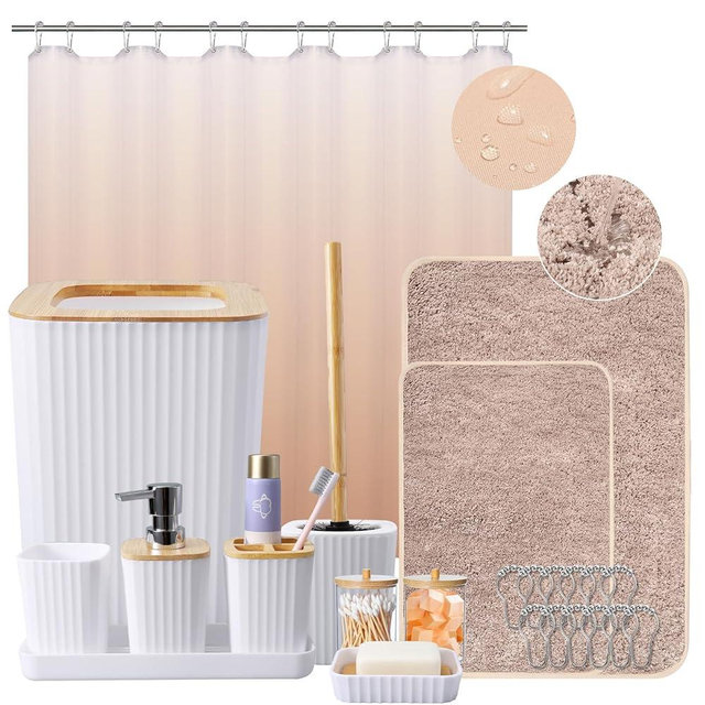 XLHOMO 24Pcs White and Gold Bathroom Set with Shower Curtain and Rug, White Bathroom Sets Complete with Trash Can,Soap Dispenser,Soap Dish,Toilet Brush,Toothbrush Holder and Cup,Tray,Q-Tip Holders