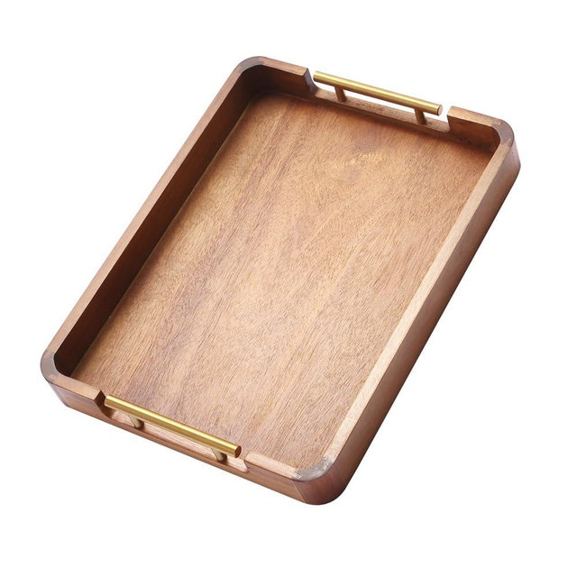 Acacia Wood Serving Tray with Handles, 17x13 Inch Ottoman Tray for Coffee Table,Candle Display,Breakfast in Bed, Large Wooden Decorative Tray with Non-Slip Pads, for Kitchen, Dining, Home Decor