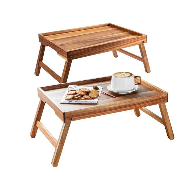 Acacia Wood Bed Tray Lap Table with Foldable Legs, Set of 2 Breakfast Tray for Sofa, Bed, Eating, Working, Used As Laptop Desk Snack Tray Bed Table Drawing Table Fits for Adult Kids