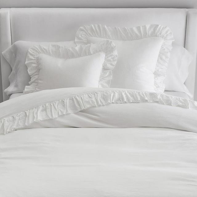 Belgian Flax Linen Fringe Ruffle Duvet, King/Cal. King, White
