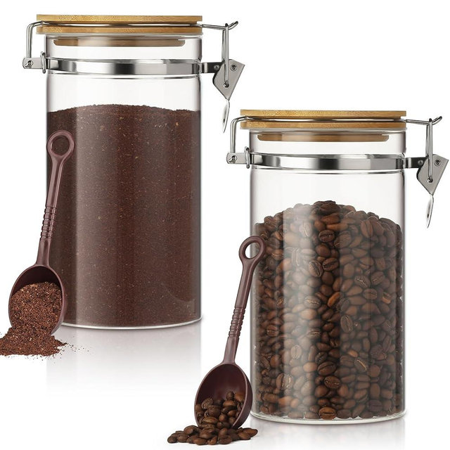 VZZNN 2 Pack 40.5oz Coffee Bean Storage Container with Airtight Bamboo Lids Glass Airtight Coffee Canister with Scoop Storage Container for Grounds Tea Cereal Sugar