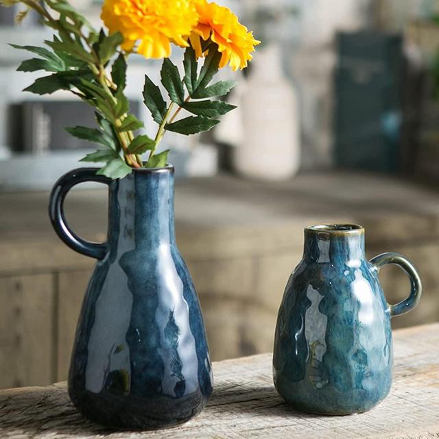 Tanvecle Blue Ceramic Vase Set of 2, Blue Glazed Vases with Handles, Modern Farmhouse Decor, Rustic Jug Vase for Home Decor, Decorative Terracotta Vase Clay Pitcher Vase Pottery Flower Vase