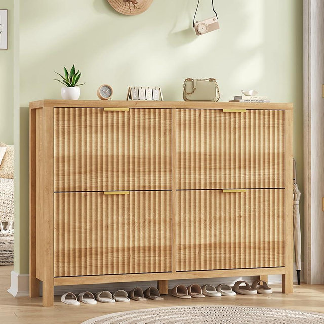 YOMILUVE Shoe Cabinet Storage for Entryway, Fluted Shoe Cabinet with 4 Flip Drawers, Hidden Shoe Rack Freestanding Wooden Shoe Organizer with Legs for Hallway, Oak