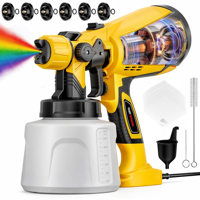 Paint Sprayer, 1000W Electric HVLP Spray Paint Gun with 47 oz Container, 3 Patterns 6 Nozzles, Easy to Clean & Use, Stain Sprayer for House Painting, Furniture, Cabinets, Walls, Doors, Fences