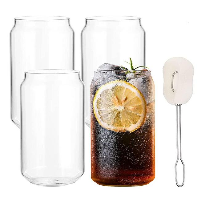 ALINK 4-Pack Large Beer Glasses, 20 oz Can Shaped Tumbler Cup for iced coffee, soda, Plus 1 Sponge Brush