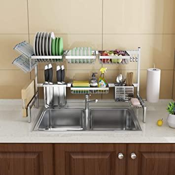 Skywin Kitchen Dish Rack Over Sink - 2 Tier Dish Rack for Counter Over the Sink Dish Rack - Stainless Steel Dish Rack