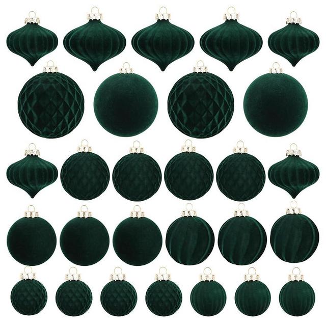 Christmas Tree Ornaments Green Velvet - Pack of 28pcs Flocked Xmas Balls Ornament Decorations Assortment