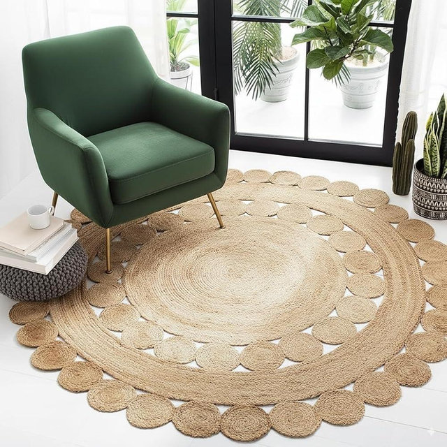 GRUHUM Jute Area Rug 4 ft Round - Natural Handmade Boho Farmhouse Soft Braided Beige Rustic Vintage Reversible Eco Friendly Rug for Indoor Kitchen Bedroom Living Hallways Enterways (4' ft Circle)