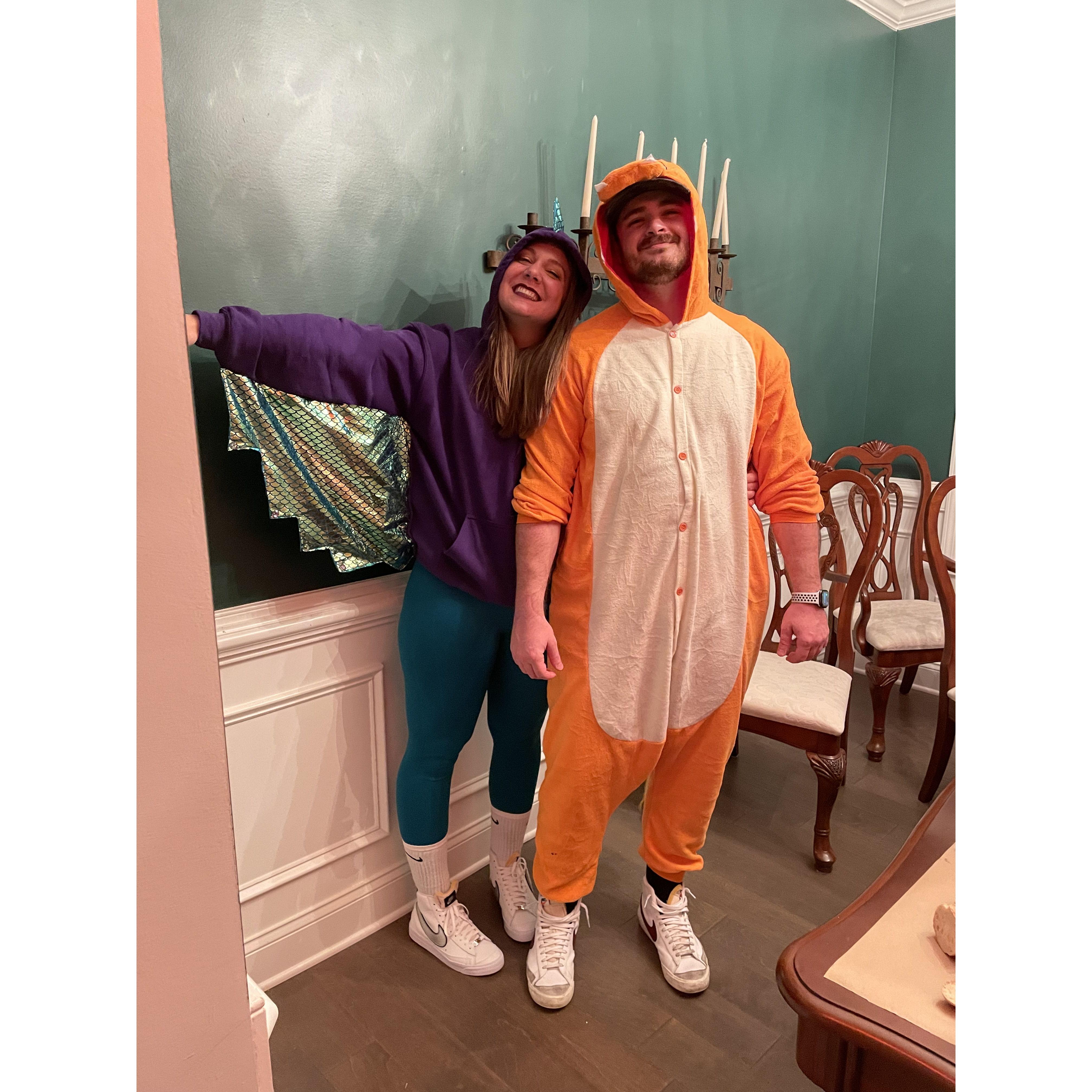 Our first Halloween costume. Allison's dragon costume made by Ortega, Joey's Charmander costume courtesy of Amazon.