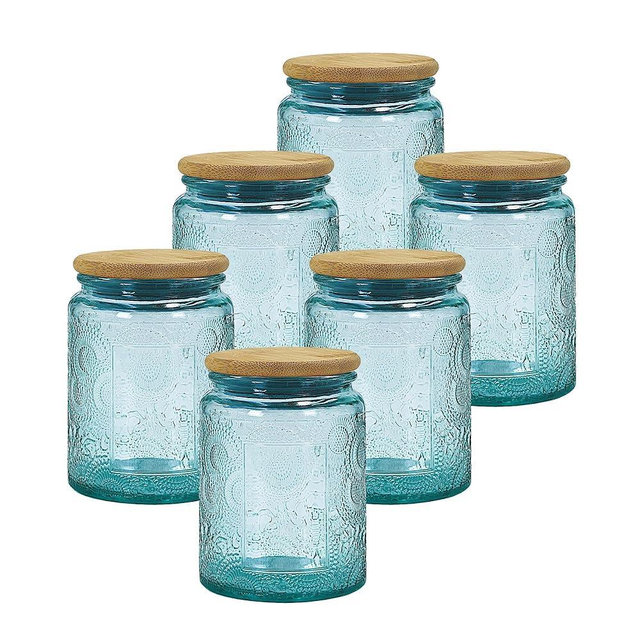 LINGSHINE 8oz Decorative Glass Jars with Airtight Bamboo Lids (Blue - 6pc), Vintage Food Storage Containers, Home Décor Candle Making Parties Wedding Baby Shower Favors Gift