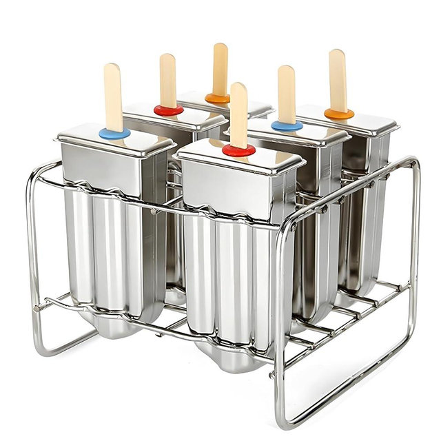 Stainless Steel Popsicle Molds, Set of 6 Ice Cream Maker, Ice Pop Molds With Holder, Metal Reusable Homemade Popsicle Molds with Sticks and Bags (Round Head, with Slot)
