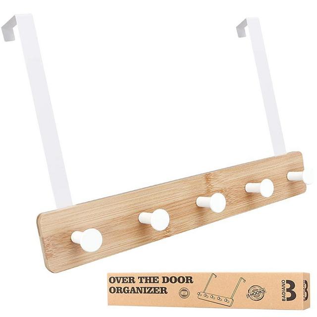 Badiano Over The Door Hook Hanger, Bamboo Coat Rack with 5 Metal Hooks, Wood Clothes Organizer for Coat, Towels, Bags, Robes (White)