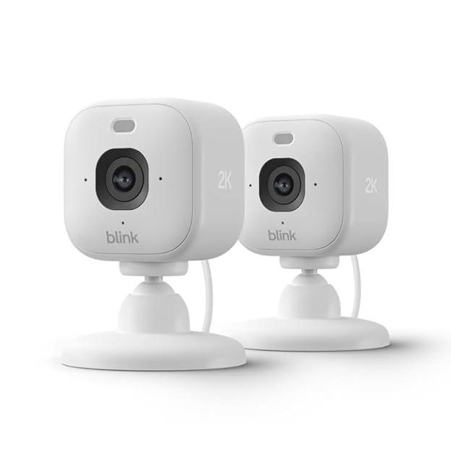Blink Mini 2K+ (newest model) with 1-Year Subscription – Plug-in Home & Pet Security Camera with 2K video resolution, smart motion detection, works with Alexa – 2 camera (White)