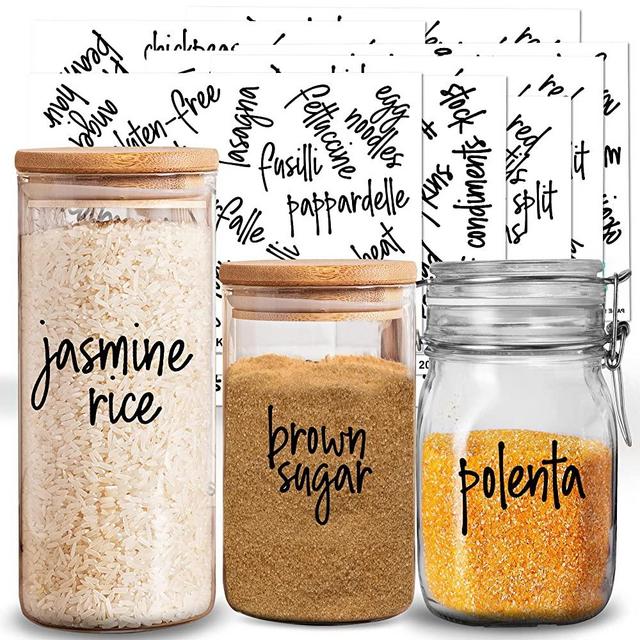 214 Kitchen Pantry Labels for Food Storage Containers, Preprinted Black Script on Clear Stickers + Numbers for Jar and Canisters Organization - Water Resistant