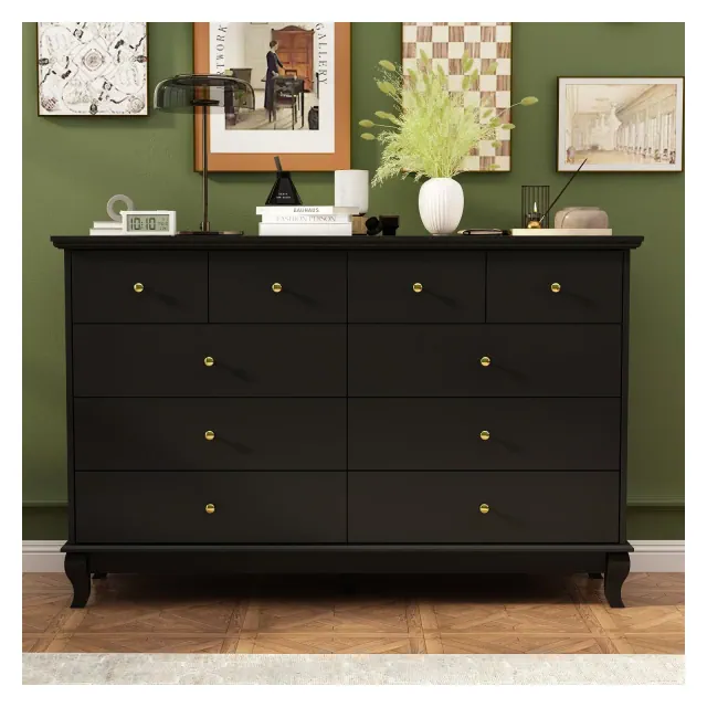 Famapy Black 10 Drawers Dresser With Round Handles